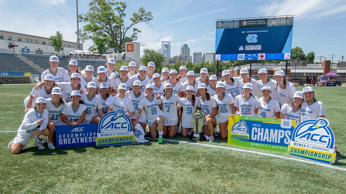 The Carolina women's lacrosse teams taking a group photo with ACC Championship signage on the field following a win.