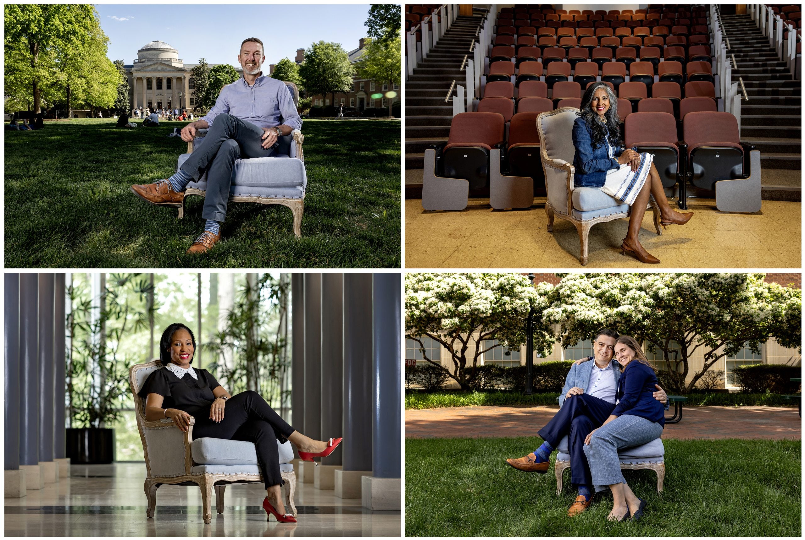 Quadtych with photos of: Bob Pleasants, present day, posing for a photo while sitting in a Carolina Blue chair on the lawn of Polk Place on the campus of UNC-Chapel Hill; Viji Sathy sitting in a Carolina Blue chair in an empty classroom in Chapman Hall; LaChaun Banks sitting in a blue chair in the lobby of a business school building on the campus of UNC-Chapel Hill; and Emily Sickbert-Bennett Vavalle and John Vavalle, present day sitting in a Carolina Blue chair together in a garden.