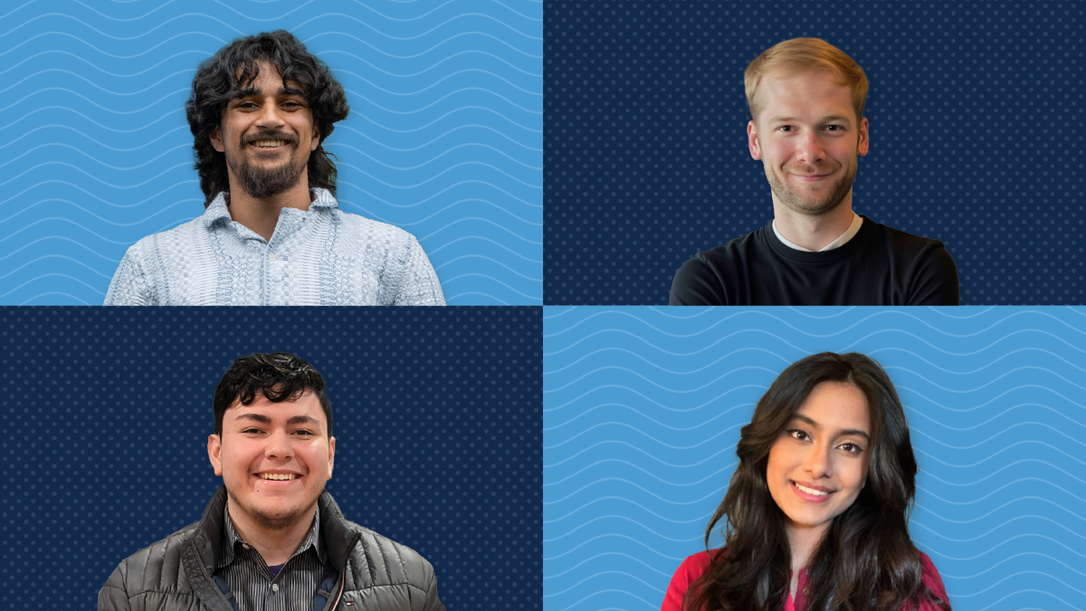 A graphic collage of Spring graduate students from clockwise from top left: William Zahrt, Nicholas Horton, Sivani Pillutla, Andrew McGuire.