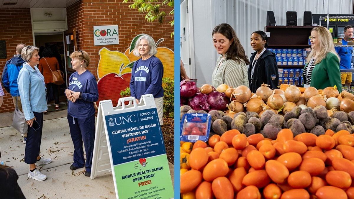 Two-photo collage: UNC School of Nursing faculty standing near sign advertising a mobile health clinic; and Bus Tour attendees walking by fresh produce at a food pantry.