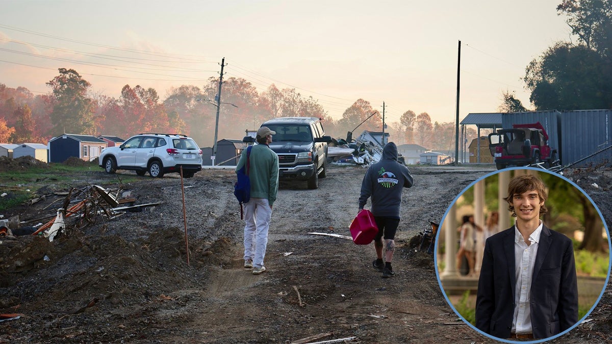 Max Feliu and Daniel Wright walking through a badly damaged neighborhood a month after Hurricane Helene. Embedded in the bottom right corner of the image is a circular portrait of Feliu in a sports coat.