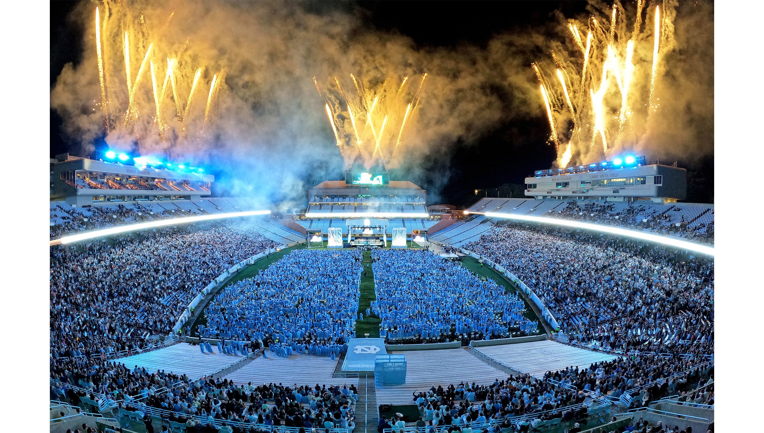 Fireworks go off around Kenan Stadium at the end of Carolina's 2025 Spring Commencement.