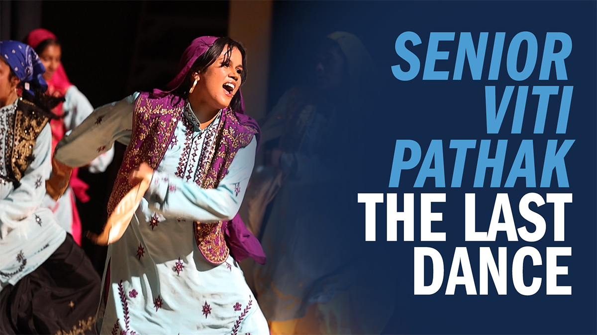 Viti Pathak dancing on stage next to text reading 