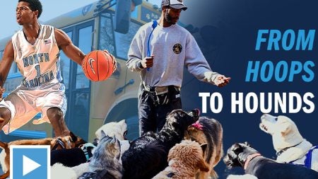 Assorted image collage of Baden Jaxen: playing basketball as a UNC Tar Heel; and working with dogs in his current job. In the background is a pup bus.