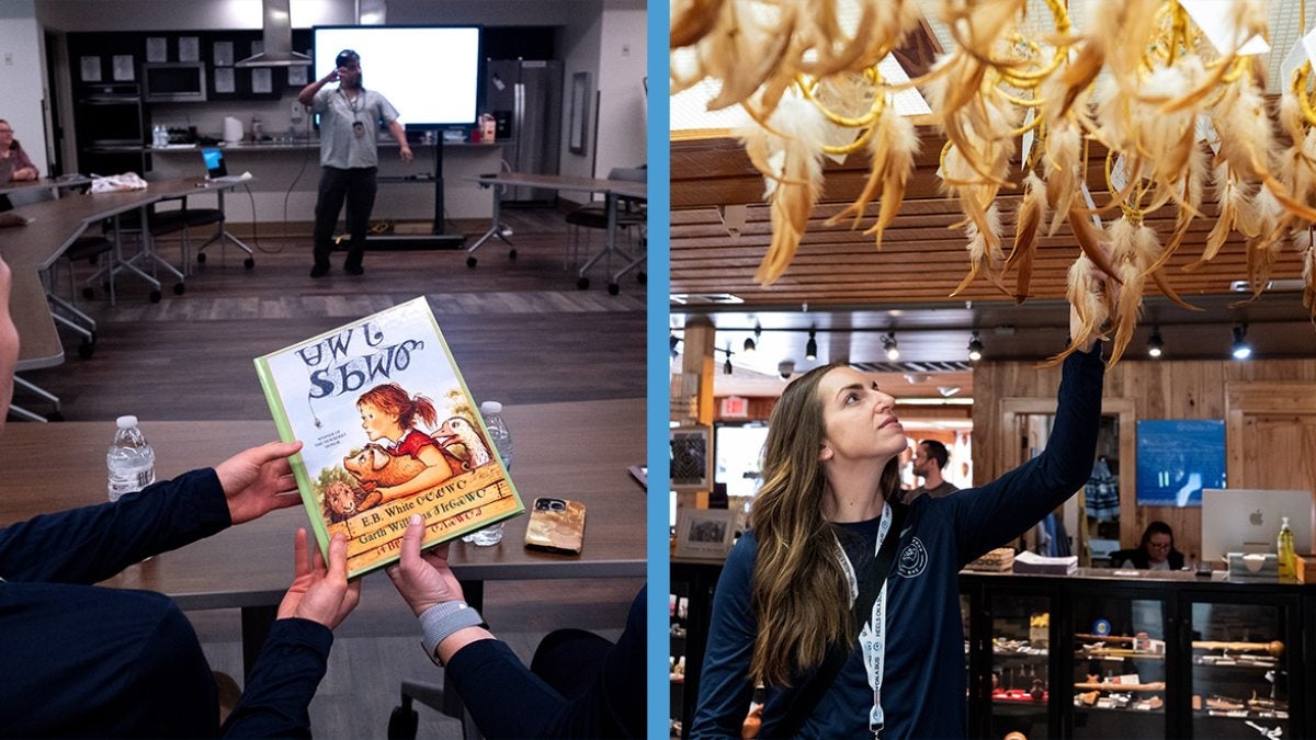 Two-photo collage: Hands holding a Cherokee language book; and Bus Tour attendee checking out Cherokee art.