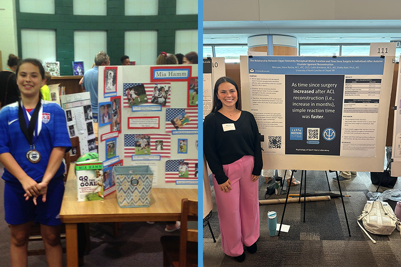 Diptych with photos of: Mia Laws as a sixth-grader in a U.S. soccer jersey and next to a Mia Hamm poster board; and Mia Laws present day standing next to a poster board highlighting her research on ACL injuries as a UNC-Chapel Hill student.