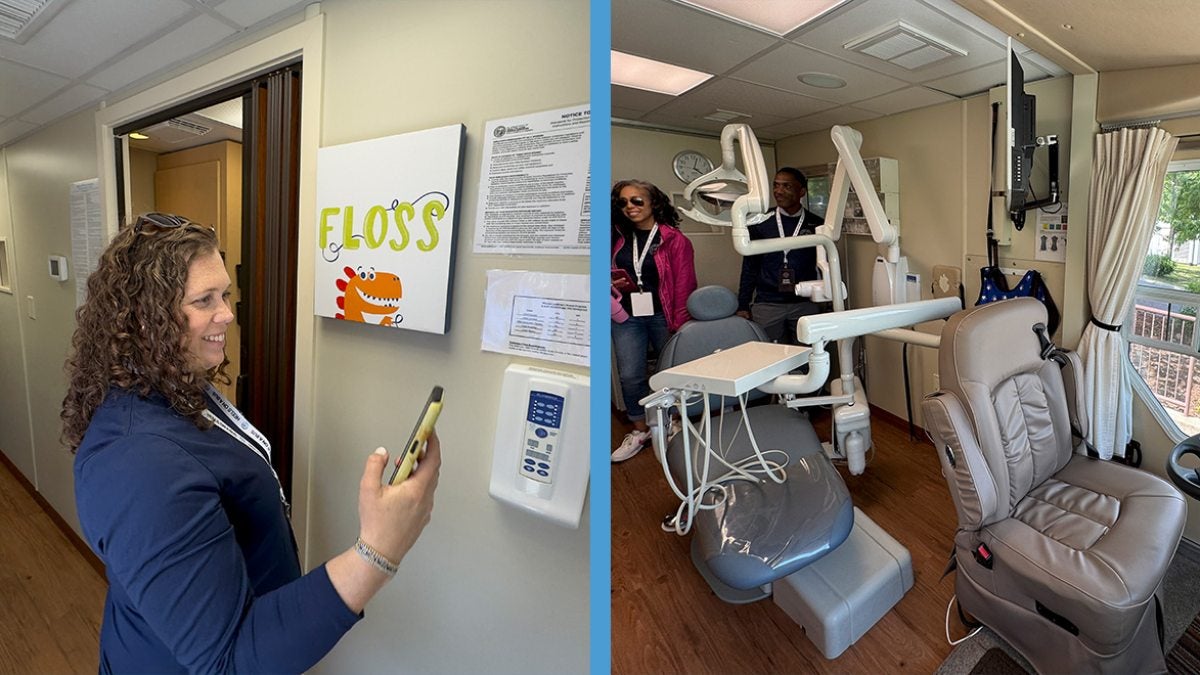 Two-photo collage: Bus Tour attendee in hallway of Mobile Dental Clinic near painting saying 