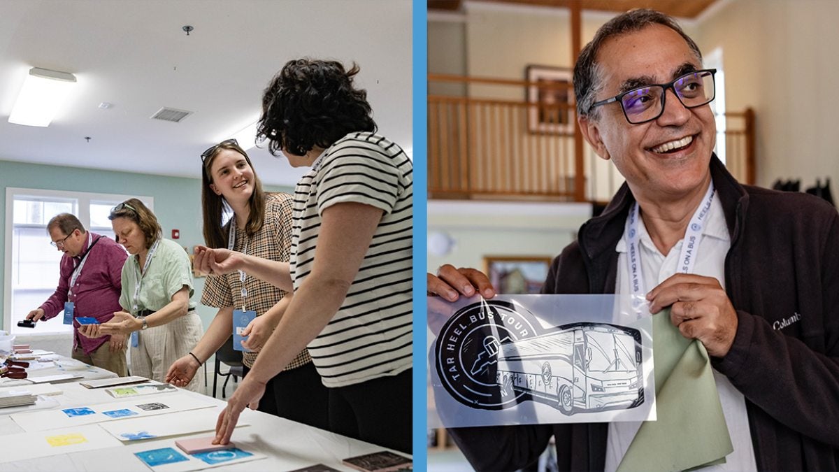 Two-photo collage: Four Bus Tour attendees chatting while painting; and a Bus Tour attendee holding up a painting he made of the Tar Heel Bus Tour logo and bus.