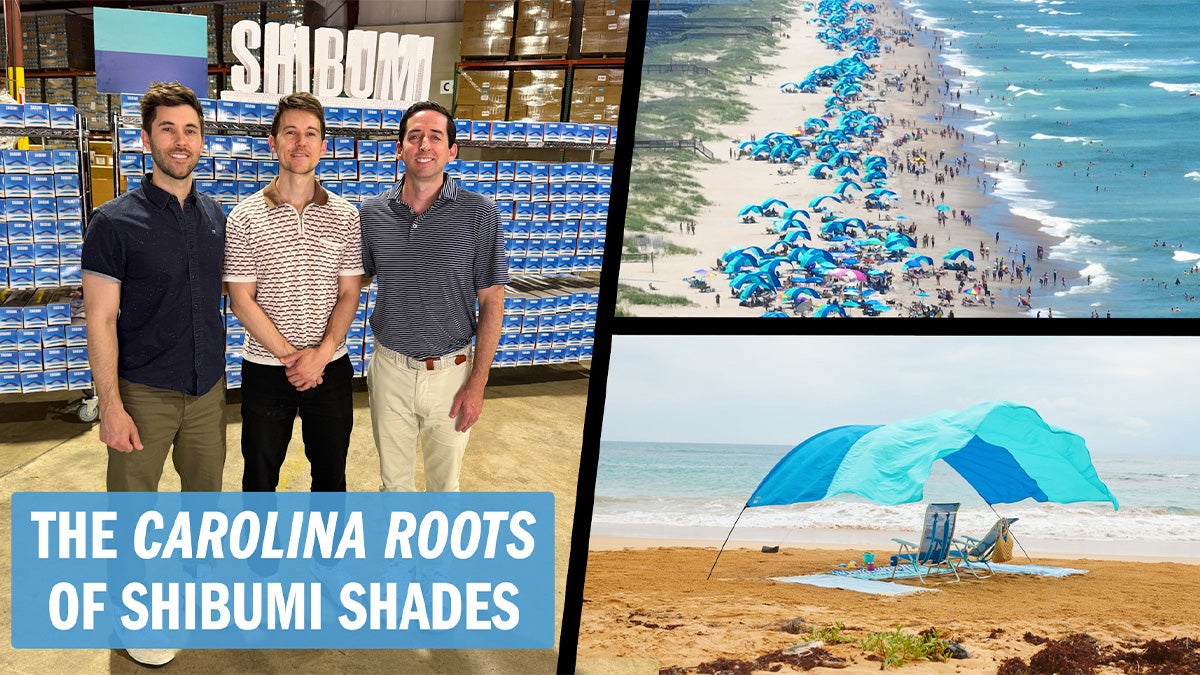 Three-photo collage: Photo of the three founders of Shibumi Shade, Scott Barnes, Dane Barnes and Alex Slater, with graphic text reading 