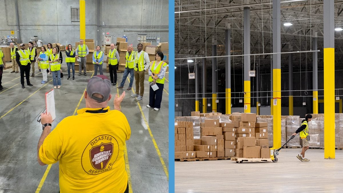 Two-photo collage: Volunteer speaking to Bus Tour attendees in a warehouse; and volunteer transporting boxes inside a warehouse.