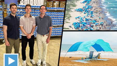 Three-photo collage: Photo of the three founders of Shibumi Shade, Scott Barnes, Dane Barnes and Alex Slater; aerial drone image of Shibumis on a beach; and beach-level photo of a Shibumi.
