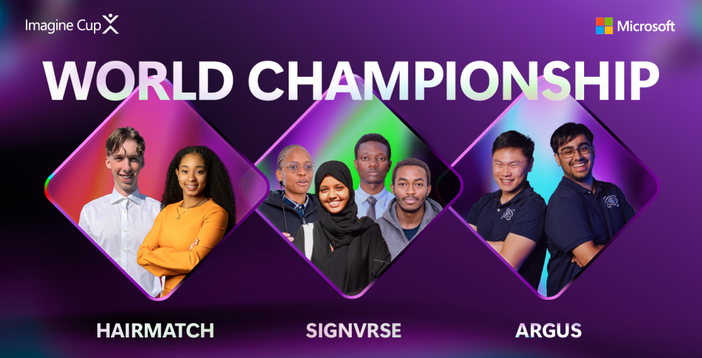 Graphic reading "World Championship" and showing three teams from the Microsoft Imagine Cup World Championship