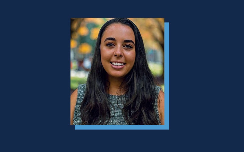 Courtney Peragallo atop a Navy blue background.