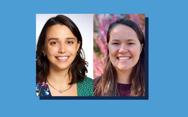 Portraits of Sarah Perry and Charlotte Robbins atop a Carolina Blue background.