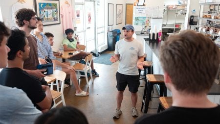 Alex Brandwein, founder of Brandwein's Bagels, speaks to Carolina students as part of the LAUNCH summer accelerator.
