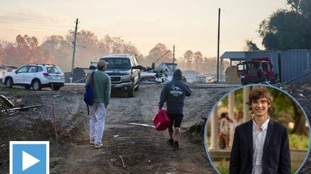 Max Feliu and Daniel Wright walking through a badly damaged neighborhood a month after Hurricane Helene. Embedded in the bottom right corner of the image is a circular portrait of Feliu in a sports coat.