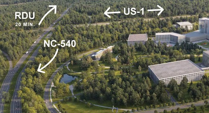 Rendering of a map showing the location of N.C. Children's in relation to N.C. 540 and U.S. 1.
