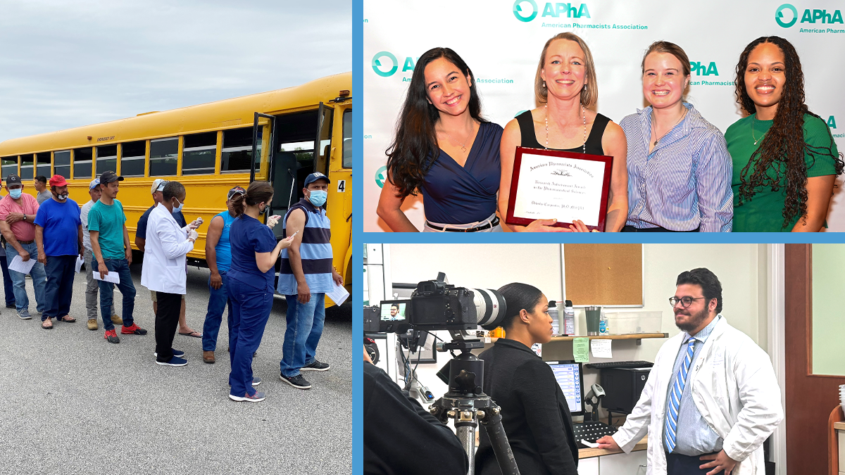 A collage of various photos of working in a rural environment, accepting award and describing their work in an interview setting.