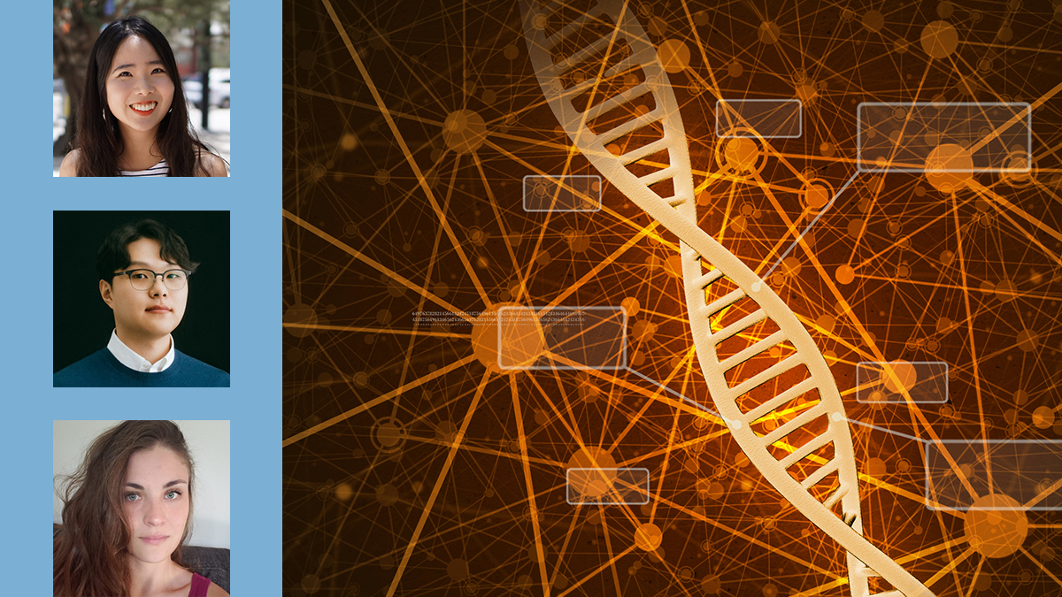 Graphic with three portrait photos of researchers (Hyejung Won, Sool Lee and Jessica McAfee) and a molecular model of DNA.