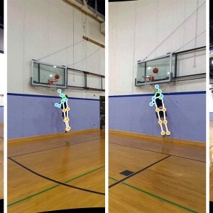 Four-photo collage of composite images of simultaneous captures from a camera tracking a man shooting a basketball as part of an artificial intelligence project.