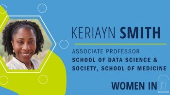 Graphic with photo of Keriayn Smith and text of her name, job title (Associate Professor, School of Data Science and Society, School of Medicine) and 