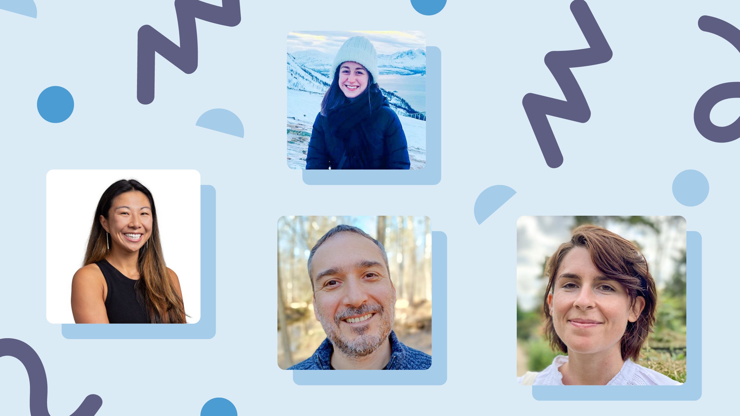 Four graduate TA winners collage image in front of Carolina Blue and purple background.